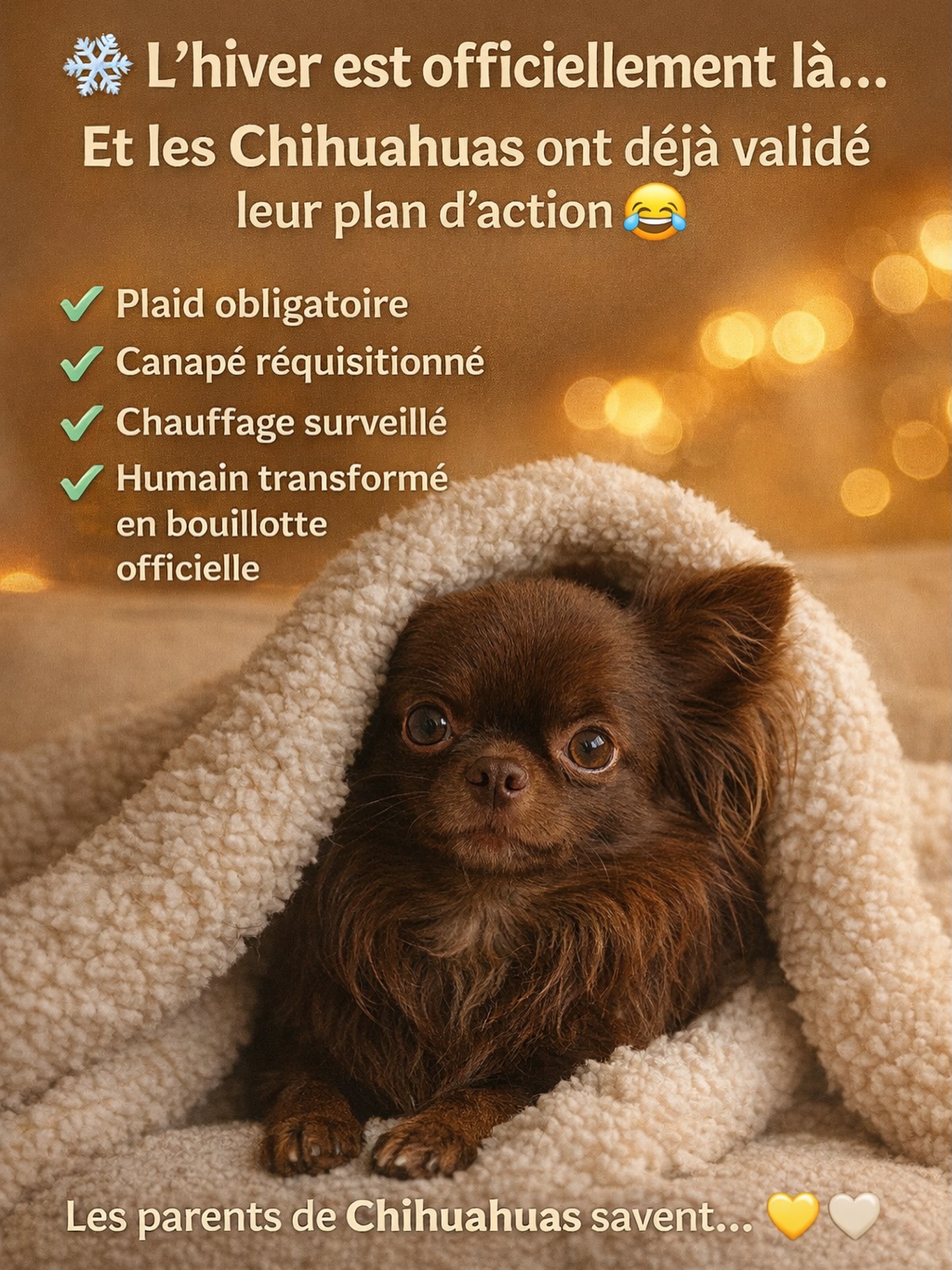 ❄️ L’hiver est officiellement là…
Et les Chihuahuas ont déjà validé leur plan d’action 😂🐶✔️ Plaid obligatoire
✔️ Canapé réquisitionné
✔️ Chauffage surveillé de très près
✔️ Humain officiellement transformé en bouillotteLes parents de Chihuahuas savent… 😌💛
👉 Team chichi frileux ? Dites-le en commentaire ❄️👇
👉 Identifie quelqu’un qui vit EXACTEMENT ça 😂Chihuahuas de la Vallée des Cèdres Bleus 🐾💙#chihuahua #chihuahualove #chihuahuasofinstagram #chihuahualife #dogsoftiktok #dogsofinstagram #cutedog #doglover #petlover #instadog #dogstagram #chiots #eleveurfrancais #chihuahuapoillong #chihuahuasworld #chihuahuaslovers #dogmom #dogdad #petparents #chiens #chiensfrance #racechihuahua #petlife #ilovemydog #dogdaily #cuteanimals #miniaturedog #petstagram #smallbreed #furryfriend
