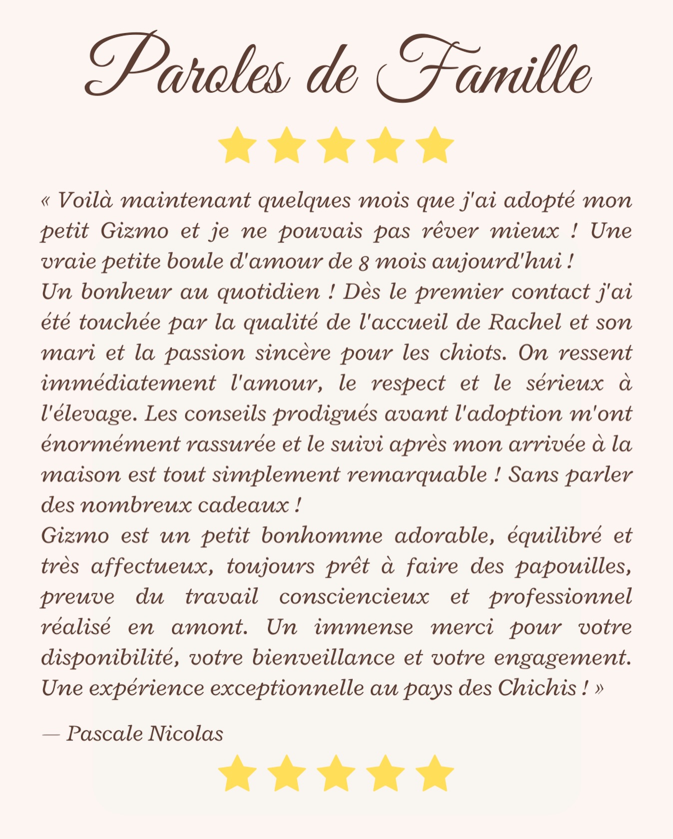 💛 Ce genre de message nous rappelle pourquoi nous faisons ce métier…Voir nos petits chichis grandir heureux dans leurs familles est la plus belle récompense que l’on puisse recevoir.Aujourd’hui, nous avions envie de partager avec vous ce magnifique témoignage reçu récemment… et qui nous a énormément touchés 🐾✨ Paroles de famille :« Voilà maintenant quelques mois que j’ai adopté mon petit Gizmo et je ne pouvais pas rêver mieux ! Une vraie petite boule d’amour de 8 mois aujourd’hui ! Un bonheur au quotidien !Dès le premier contact j’ai été touchée par la qualité de l’accueil de Rachel et son mari et la passion sincère pour les chiots. On ressent immédiatement l’amour, le respect et le sérieux à l’élevage.Les conseils prodigués avant l’adoption m’ont énormément rassurée et le suivi après mon arrivée à la maison est tout simplement remarquable ! Sans parler des nombreux cadeaux !Gizmo est un petit bonhomme adorable, équilibré et très affectueux, toujours prêt à faire des papouilles, preuve du travail consciencieux et professionnel réalisé en amont.Un immense merci pour votre disponibilité, votre bienveillance et votre engagement. Une expérience exceptionnelle au pays des Chichis ! »🙏 Merci infiniment pour ces mots qui nous vont droit au cœur.Chaque adoption est une nouvelle histoire… et chaque famille qui nous fait confiance fait un peu partie de la nôtre 💫🐾 Chiots actuellement disponibles :
https://elevage-chihuahuas-lof.fr/chiots-chihuahua-disponibles/⸻#chihuahua #chihuahualove #chihuahuapuppy #chiotlof #elevagechihuahua