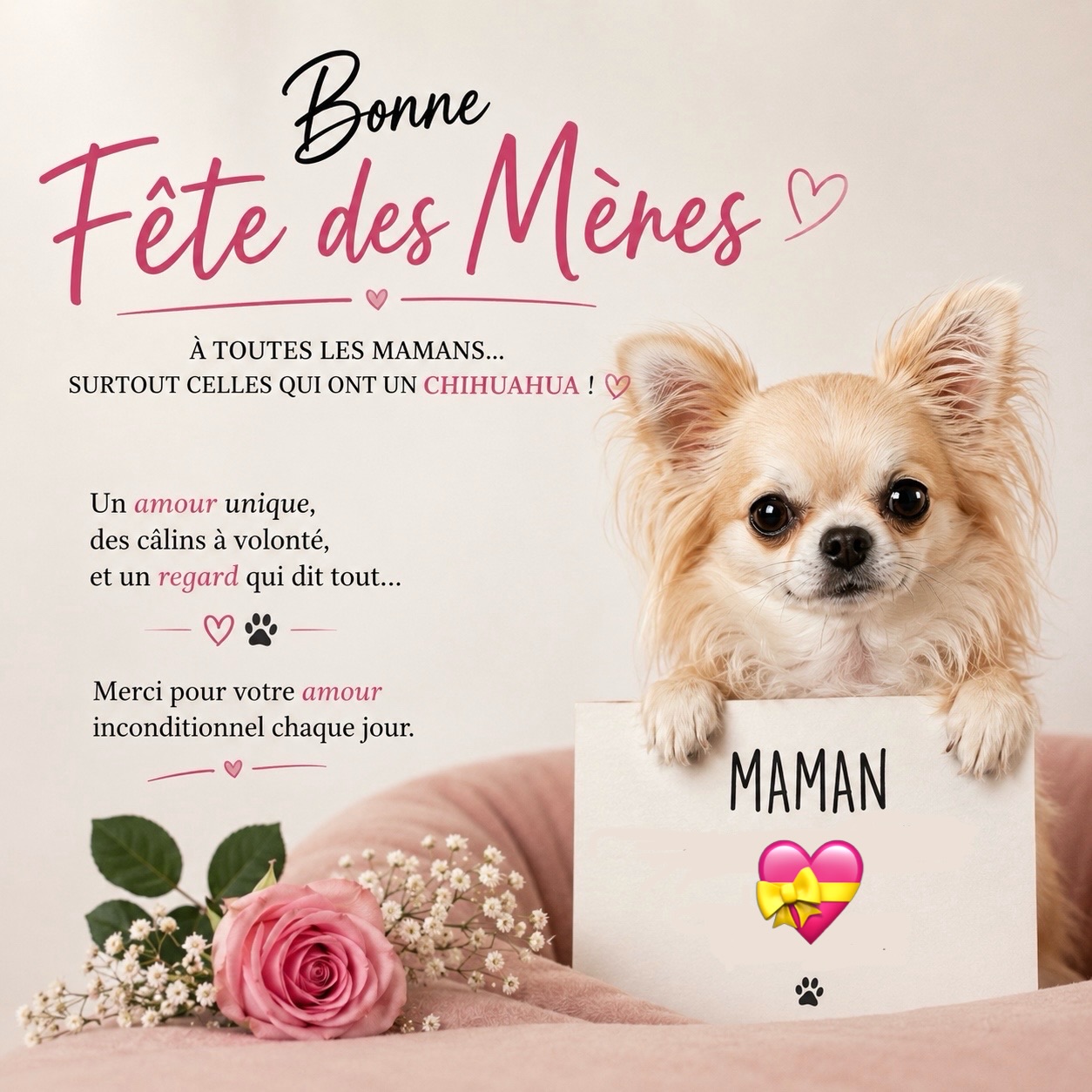 💐 Bonne fête des mères à toutes les mamans 💐Aujourd’hui, une pensée toute particulière pour toutes les mamans qui donnent chaque jour tant d’amour, de douceur et de patience 💛Et un petit clin d’œil spécial à toutes les mamans de chihuahuas 🐶🥰
Celles qui connaissent les câlins collants, les petites bêtises, les regards irrésistibles… et cet amour unique qu’on partage avec ces petits compagnons si attachants ✨Belle journée pleine d’amour à toutes 💐🤍#FeteDesMeres #Chihuahua #ChiotChihuahua #ChihuahuaLove #ElevageChihuahua ChihuahuaLife