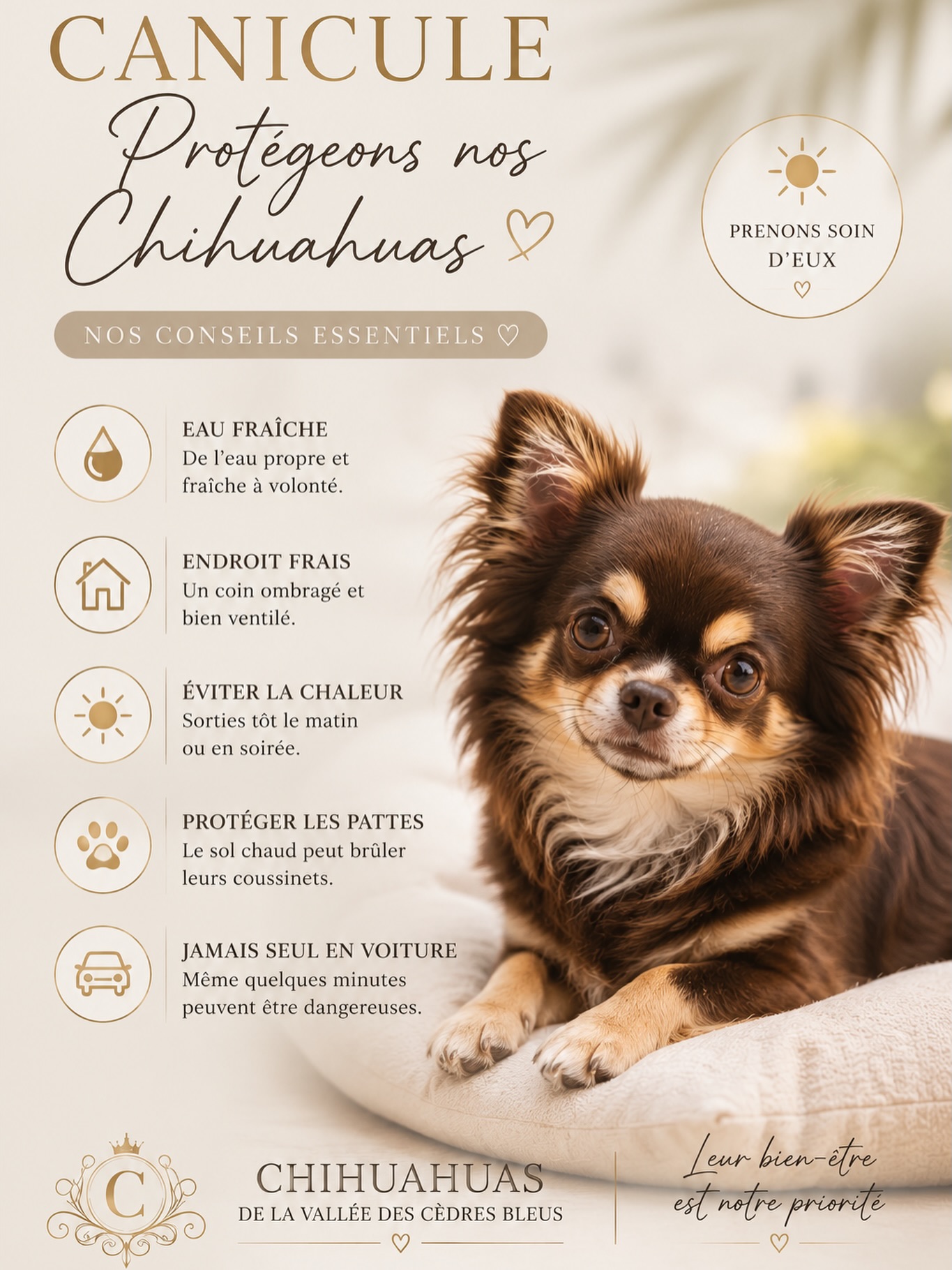 ☀️🐾 Après quelques jours de fortes chaleurs, les températures nous ont enfin laissé un peu de répit…Mais ce répit pourrait être de courte durée. Les prévisions annoncent déjà une nouvelle vague de chaleur dans les prochains jours. C’est le moment idéal pour reprendre les bons réflexes afin de protéger nos petits compagnons. 🤎💧 De l’eau fraîche à volonté.
🌳 Des promenades tôt le matin ou en soirée.
🏡 Un endroit frais et ombragé pour se reposer.
🐾 Attention aux sols brûlants qui peuvent blesser les coussinets.
🚗 Et surtout, ne jamais laisser un chien seul dans une voiture, même pour quelques minutes.Nos Chihuahuas comptent sur nous pour traverser ces épisodes de canicule en toute sécurité. Quelques gestes simples suffisent à faire une vraie différence.💬 Et vous, quelles sont vos petites astuces pour garder votre Chihuahua au frais pendant les fortes chaleurs ? Partagez-les en commentaire, elles pourront aider d’autres familles !Prenez soin de vous… et de vos petites truffes. 🤎🐶Chihuahuas de la Vallée des Cèdres Bleus
🌐 https://elevage-chihuahuas-lof.fr#chihuahua #chihuahualove #canicule #conseilschiens #dogsofinstagram