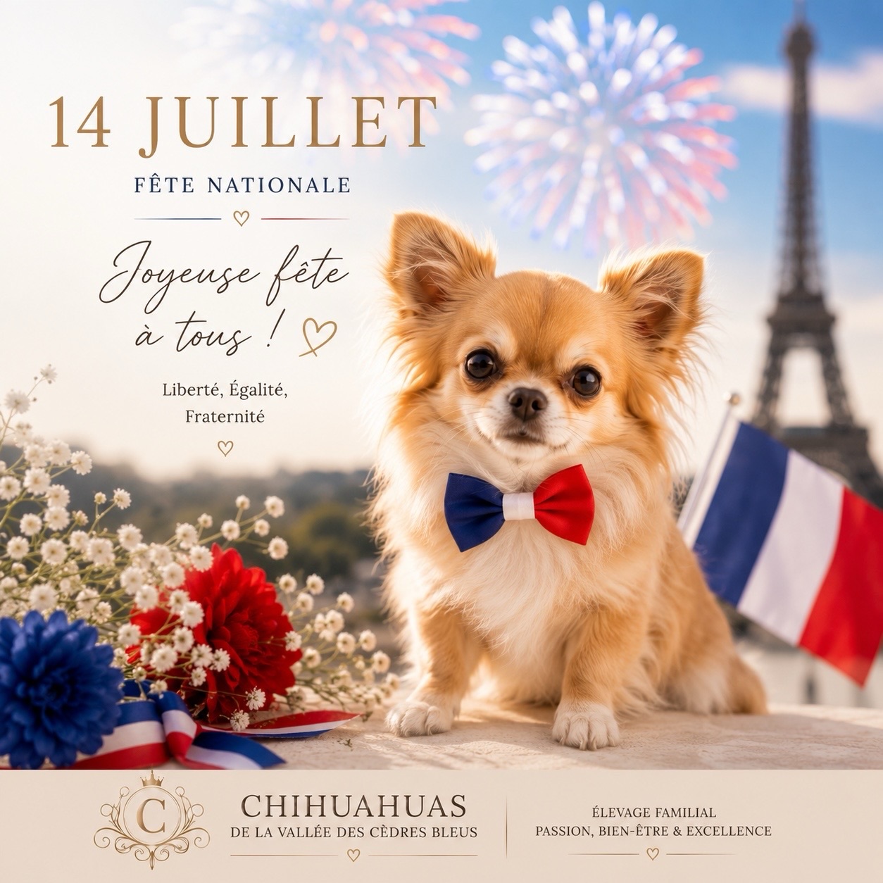 🇫🇷✨ Bonne fête nationale à toutes et à tous ! ✨🐾En ce 14 juillet, nous vous souhaitons une très belle journée entourés de ceux qui vous sont chers… sans oublier vos fidèles compagnons à quatre pattes. ❤️Que cette journée soit placée sous le signe de la convivialité, du partage et des petits bonheurs simples qui rendent la vie si belle.Si vous assistez aux festivités ce soir, pensez aussi au bien-être de vos Chihuahuas. Les feux d’artifice peuvent être impressionnants pour nos petits compagnons. Un endroit calme, rassurant et quelques câlins seront souvent les meilleurs alliés pour passer une soirée sereine. 🐶🤎🇫🇷 Très belle fête nationale à toutes et à tous !Et vous, comment allez-vous célébrer ce 14 juillet ? Feu d’artifice, repas en famille, barbecue… ou simplement une belle promenade avec votre Chihuahua ? Dites-nous tout en commentaire ! 🎆👇Chihuahuas de la Vallée des Cèdres Bleus 🤎
🌐 https://elevage-chihuahuas-lof.fr#14juillet #fetenationale #chihuahua #chihuahualove #chiensdefrance