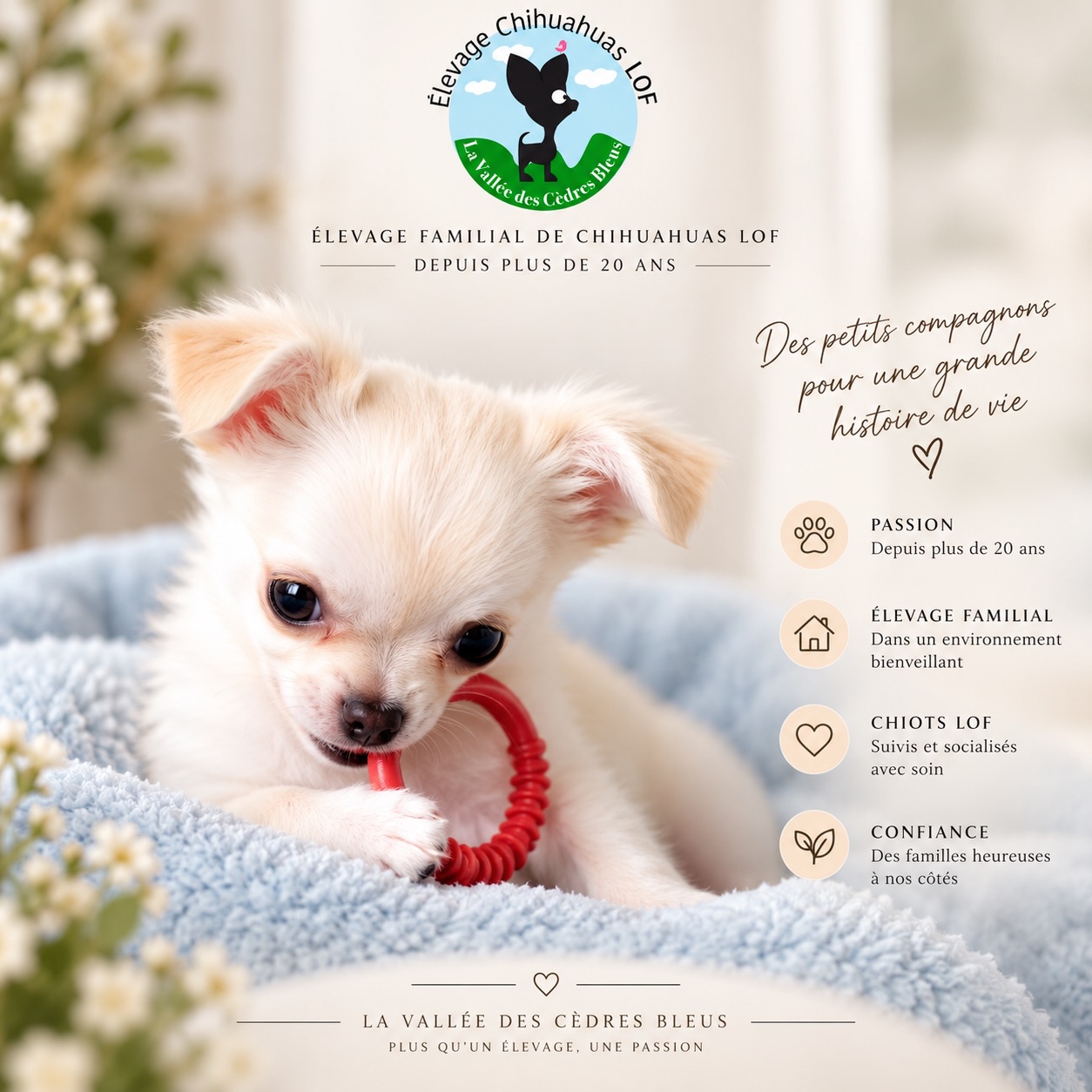 🤎 Plus de 20 ans de passion pour le Chihuahua… et toujours la même émotion.Voir grandir nos chiots, découvrir leur personnalité, les accompagner dans leurs premières semaines puis les voir rejoindre leur nouvelle famille, c’est ce qui fait toute la beauté de notre métier.À La Vallée des Cèdres Bleus, nous élevons nos Chihuahuas dans un environnement familial, avec attention, tendresse et beaucoup de passion. 🐾Parce que derrière chaque petit Chihuahua commence une grande histoire de vie. 🤍La Vallée des Cèdres Bleus
Élevage familial de Chihuahuas LOF depuis plus de 20 ans.#Chihuahua #ChihuahuaLOF #ElevageChihuahua #ChiotChihuahua #ChihuahuaFrance LaValleeDesCedresBleus
