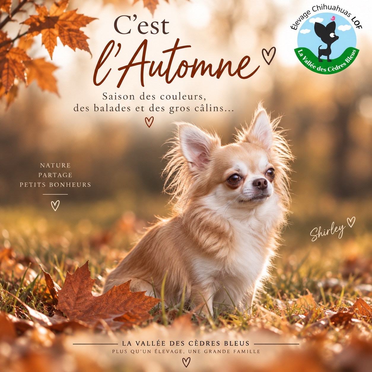 🍂🤎 C’est l’automne à la Vallée des Cèdres Bleus !
Les journées raccourcissent, les feuilles commencent à danser, les couleurs se réchauffent… et notre jolie Shirley semble déjà parfaitement assortie à la saison. 🥹🍁
L’automne avec un Chihuahua, c’est aussi le retour des petites balades au milieu des feuilles, des plaids tout doux et surtout… d’une excellente excuse pour multiplier les câlins. 😂🐾
🍁 Des couleurs
🐾 Des balades
🤎 Des petits bonheurs
🛋️ Et beaucoup de cocooning !
Et chez vous, votre Chichi est plutôt aventurier dans les feuilles 🍂 ou professionnel du plaid dès que les températures baissent ? 😂👇
Belle saison d’automne à tous, de la part de Shirley et de toute la Vallée des Cèdres Bleus. 🤎
#Chihuahua #Automne #ChihuahuaLove #ChihuahuaLife #ChihuahuasDeFrance